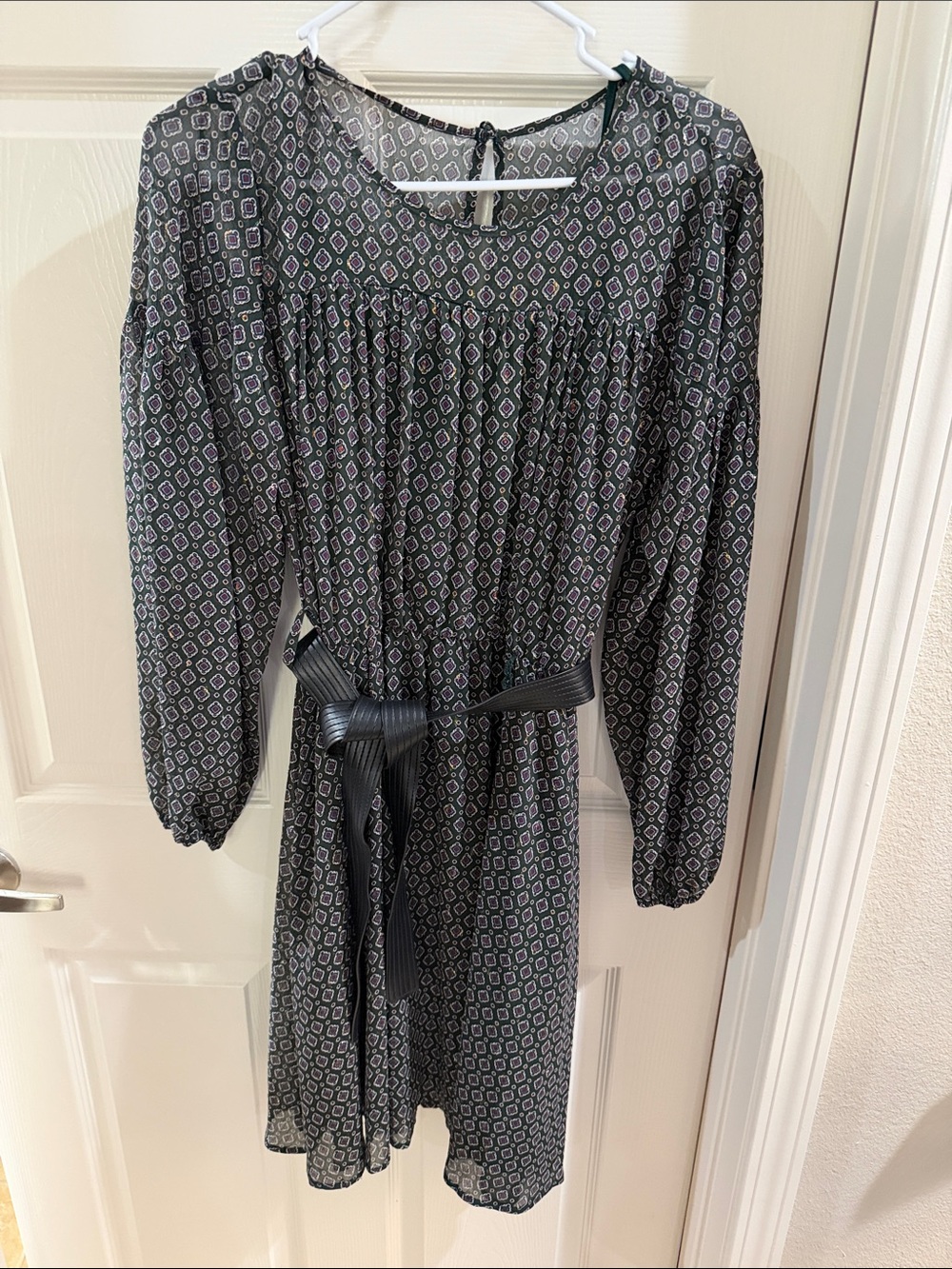 Calvin Klein Dark Green Geometric-Print Long Sleeve Tie-Waist Dress